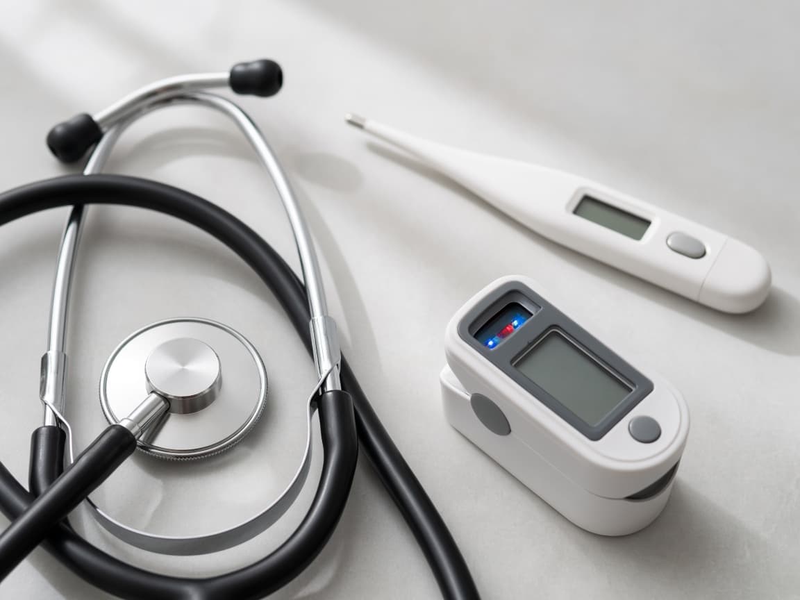 Stetoskop, termometer, dan pulse oximeter di atas meja terang